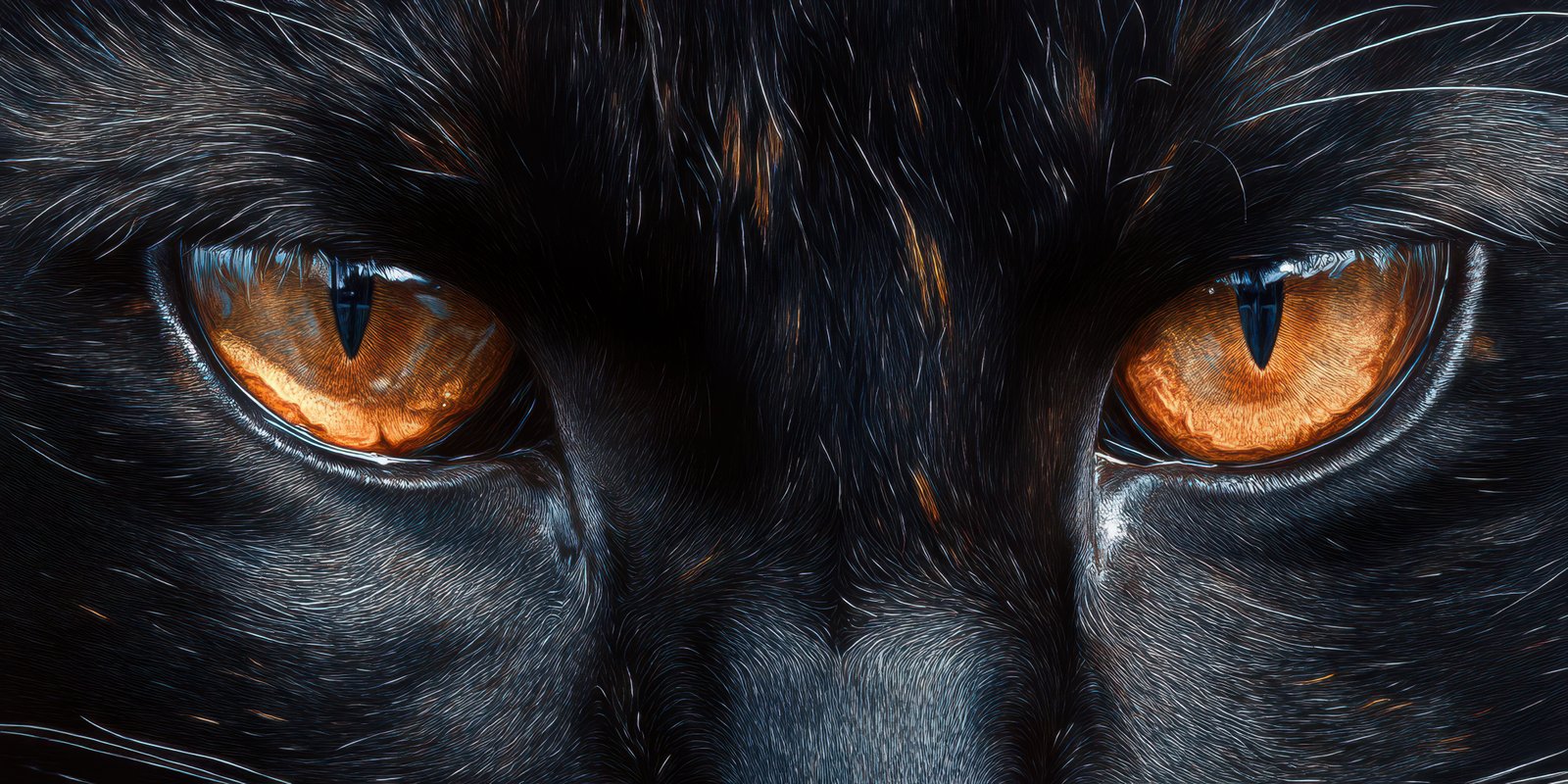 Close-up view of a black cat's striking orange eyes showcasing beautiful fur details and intense gaze